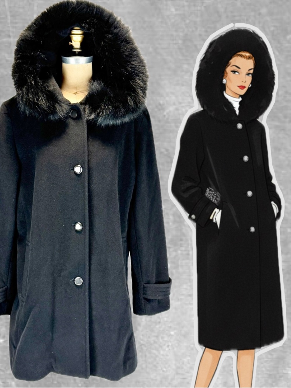 VINTAGE Liz Claiborne wool coat genuine fur hood long‎ length button front black